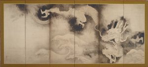 Dragons and Clouds, Edo Period (blekk og rosa fargetone på papir)